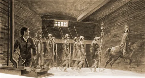 Sepia-toned illustration of a brick-vaulted cellar in which a man in modern clothes stands on the left watching as a column of Roman soldiers in plumed helmets and tunics, carrying spears and a standard, march through the wall. A Roman officer on horseback leads or follows on the right.